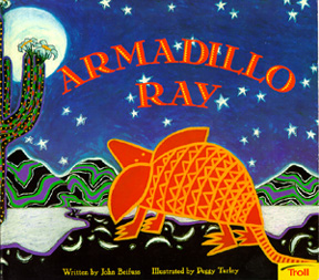  Armadillo Ray, gazing up at the moon in a colorful desert landscape.