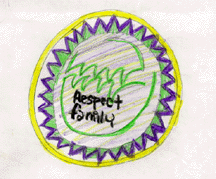 The drawing shows a shield with the words "respect family."