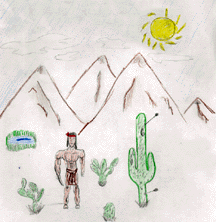 The drawing shows the young man standing before the mountains.