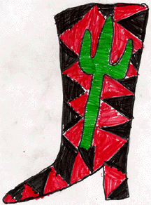 The drawing shows a red and black cowboy boot with a green saguaro on top of the design.