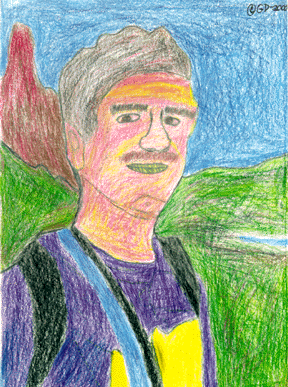 Gary's self-portrait shows him walking in the mountains.