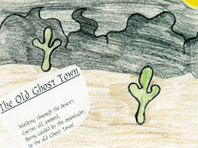 This is a drawing of a night scene in the desert; a sign reads: "Old Ghost Town."