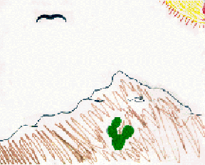 This is a drawing of a hawk flying over a mountain in the desert. 