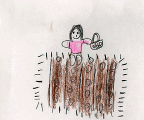 The drawing shows a child harvesting food from a field.