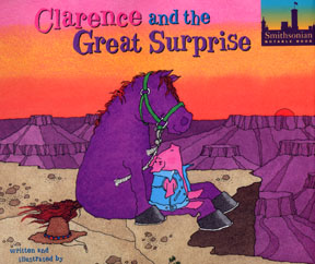 the book jacket shows Clarence the city pig and Smoky the purple horse on the side of a canyon.