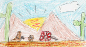 Desert mountain scene with cowboy boot and spurs, a rope, and wagon wheel.