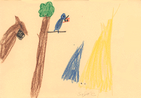 The drawing shows a bluejay holding eyes in its beak.