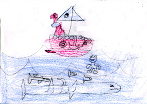 This shows a ship under water, with a big shark and some baby fishes