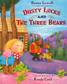 The book jacket shows Dusty Locks a dirty little cowgirl hiding behind the mountain trees waiting for the grizzly family to leave.