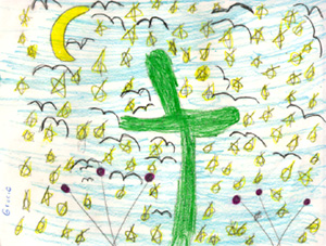 Gracie drew a cactus with a background of stars and bats.