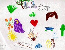The drawing shows many images including a heart, a campfire, a saguaro, and two people under a tree.