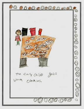 C. W.'s drawing of a child beside a table filled with warm cookies.