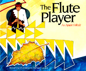 The book jacket shows an illustration of the flute player playing his flute.  Below him is an illustration of a leaf floating down a river.