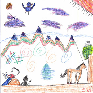 Drawing depicts the young boy, Ashkii, sitting on a rock painting his pictures.  Carlos also drew Ashkiis' cat and included a mountain scene with purple clouds and blue birds.