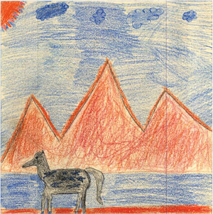 depicts the horse after Ashkii painted it for the 4th of July parade.  There is also an orange sun, blue sky, and orange/red mountains in the background.