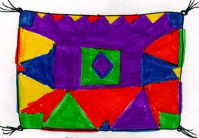 The drawing shows a symmetrical rug in purple, red, yellow, green, and blue.