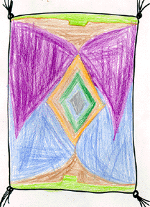 The drawing shows a symmetrical rug in green, brown, purple, orange, and blue.