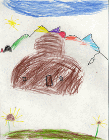 The drawing shows an adobe house in the desert.