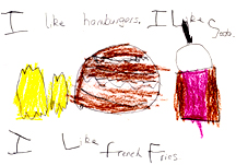 This picture show the student's writing as well as drawings of French fries, hamburger, and a can of soda.