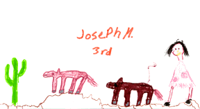 The drawing shows a saguaro, two horses, and a person.