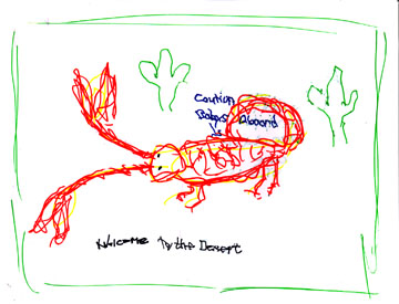 This is a picture of a mother scorpion with babies on her back.  She is orange and yellow in color and labeled as 'caution babys aboard.  There are two green cacti in the background.  The picture has a green border drawn on the outside of it.