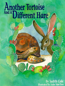 The book jacket shows a tortoise and a jackrabbit framed by cacti.