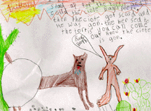 The drawing shows a hare talking with a coyote.