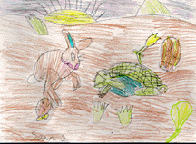 The drawing shows a hare leaping in front of a tortoise.