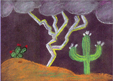 With a saguaro on the right and a  prickly pear on the left a bright strike of lightning hits the ground in the middle.
