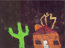 A saguaro on the left with a lightning strike hitting a house on the right.