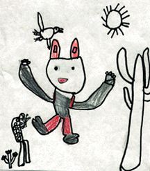 The drawing shows a jackrabbit dancing and a tortoise looking on.