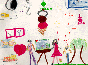 The mural drawing includes a painter at an easle, an ice cream cone, a heart, and more.