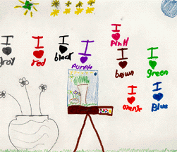 The mural drawing shows a pot with flowers, an easle, and text that reads, "I love ..." many colors.