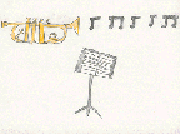 The drawing shows a music stand and a trumpet blasting notes.