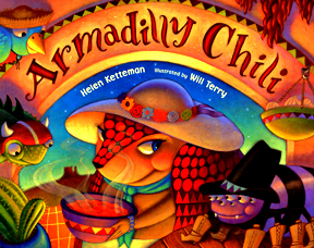 The book jacket shows Armadilly and her bowl of steaming chili.