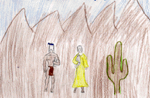 The drawing shows a man, a woman, a saguaro, and mountains.