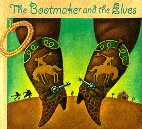 The book jacket shows a pair of cowboy boots decorated with a cowboy riding a bucking bronco.