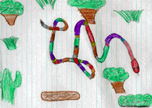 The drawing shows a purple and green rattlesnake among the trees.