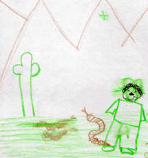 The drawing shows a person stepping on a rattlesnake's rattle.