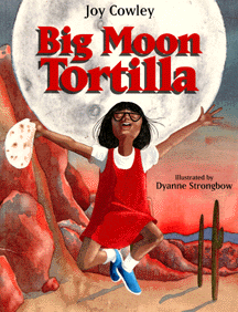 The book jacket shows a Tohono O'odham girl with a tortilla in her hand jumping for joy. 