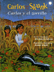 The book jacket shows two children looking at a skunk in the cornfield.