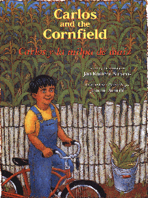 The book jacket shows a boy riding a bike; behind him there's a cornfield.