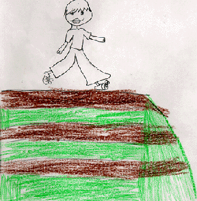 This drawing shows a boy walking in a field.