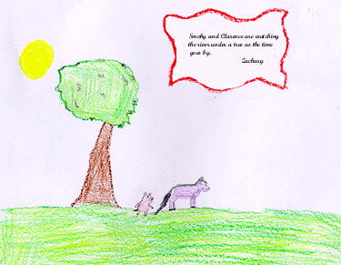 This drawing shows Clarence and Smoky standing under a tree.