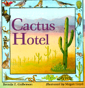 In the center of the book jacket, there are saguaro cactus. The border shows the many animals how live in, on, and around the saguaro. 