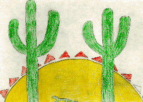 The drawing shows the sun rising behind two saguaros and a lizard.