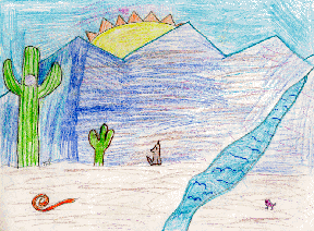 The drawing shows a creek flowing into the desert from the mountains.