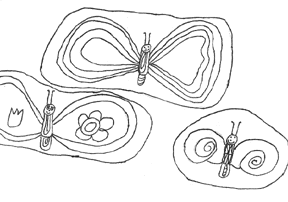 The drawing shows three butterflies.
