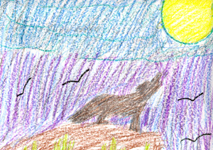 This is a drawing of a coyote howling at the moon.
