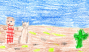 This is a drawing of a coyote and the boy in the desert.